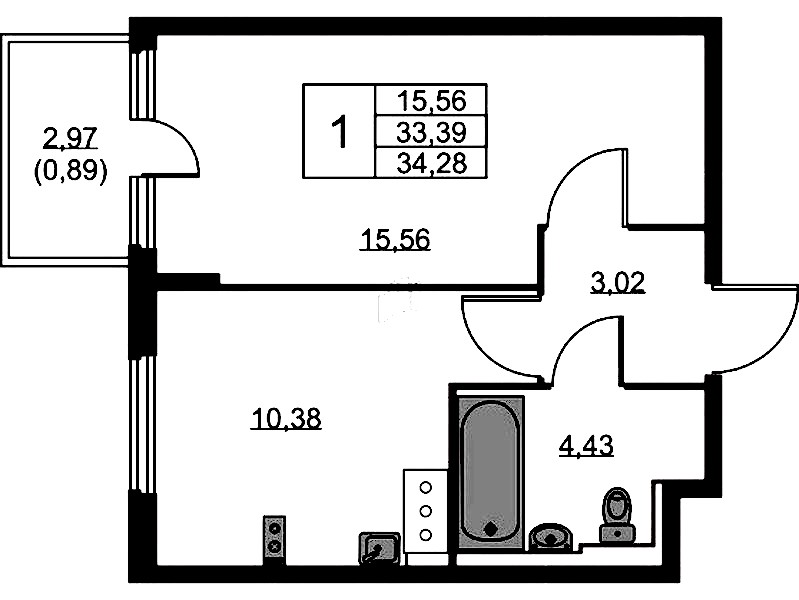 1-комнатная квартира 34.28 м², 5/11 эт., ЖК «Новое Колпино»